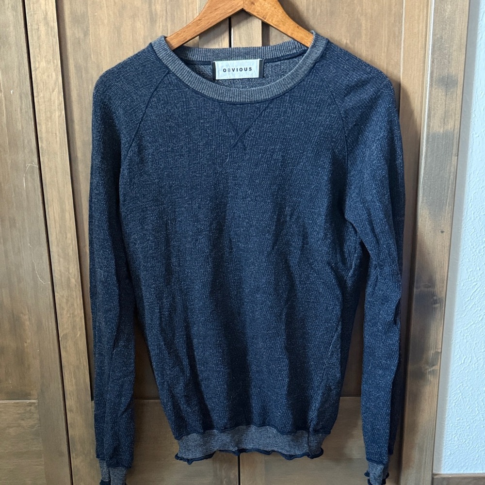 Navy Blue Crewneck Sweater with Ribbed Details